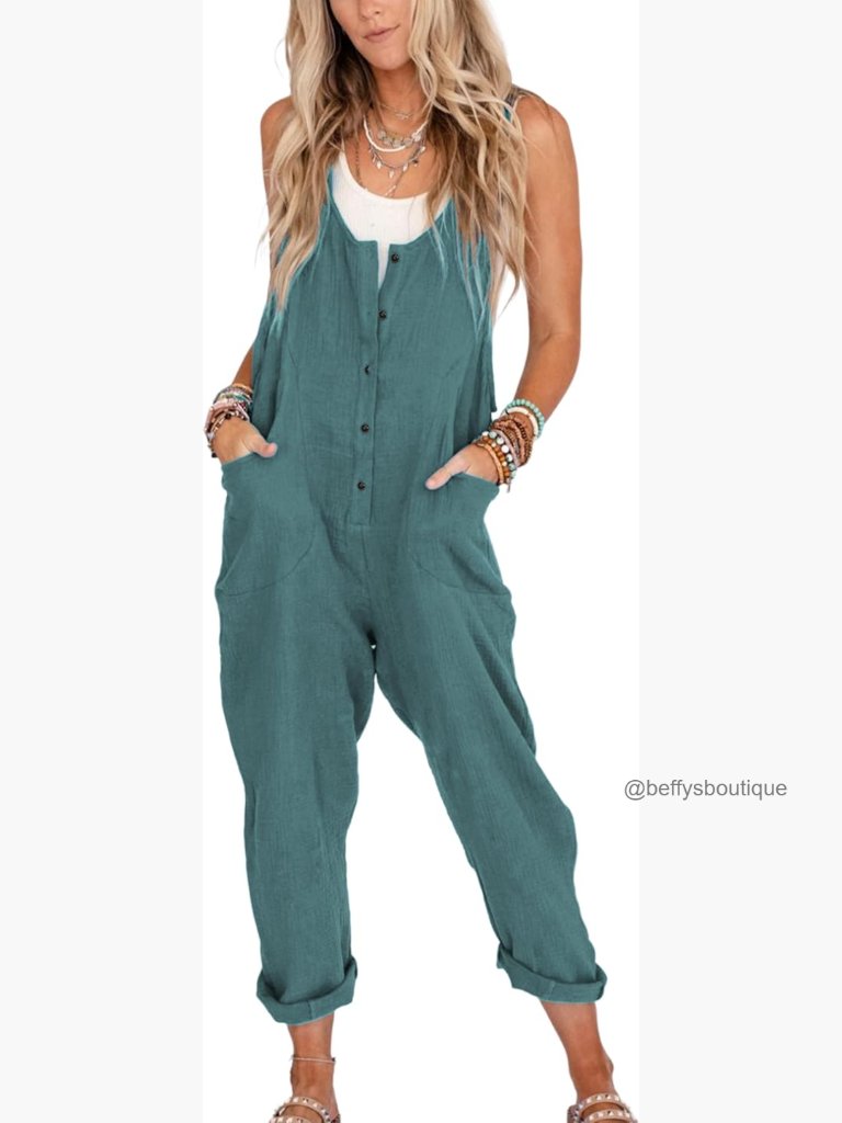 Cotton Linen Overalls Jumpsuit Loose Fit With Pockets Adjustable Straps